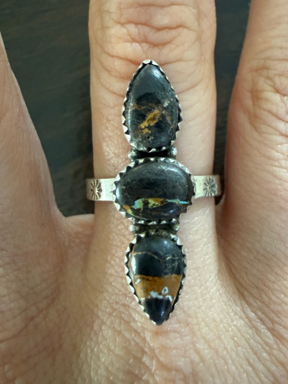 Triple stone natural blackjack turquoise ring! Handmade. 925. Adjustable